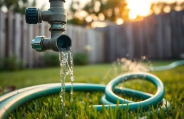 Wide shot of an outdoor hose bib during a Houston plumbing inspection and home plumbing check, with steady water flow from the faucet into a coiled green garden hose on grass, under golden hour sunlight with sharp focus on the water stream.