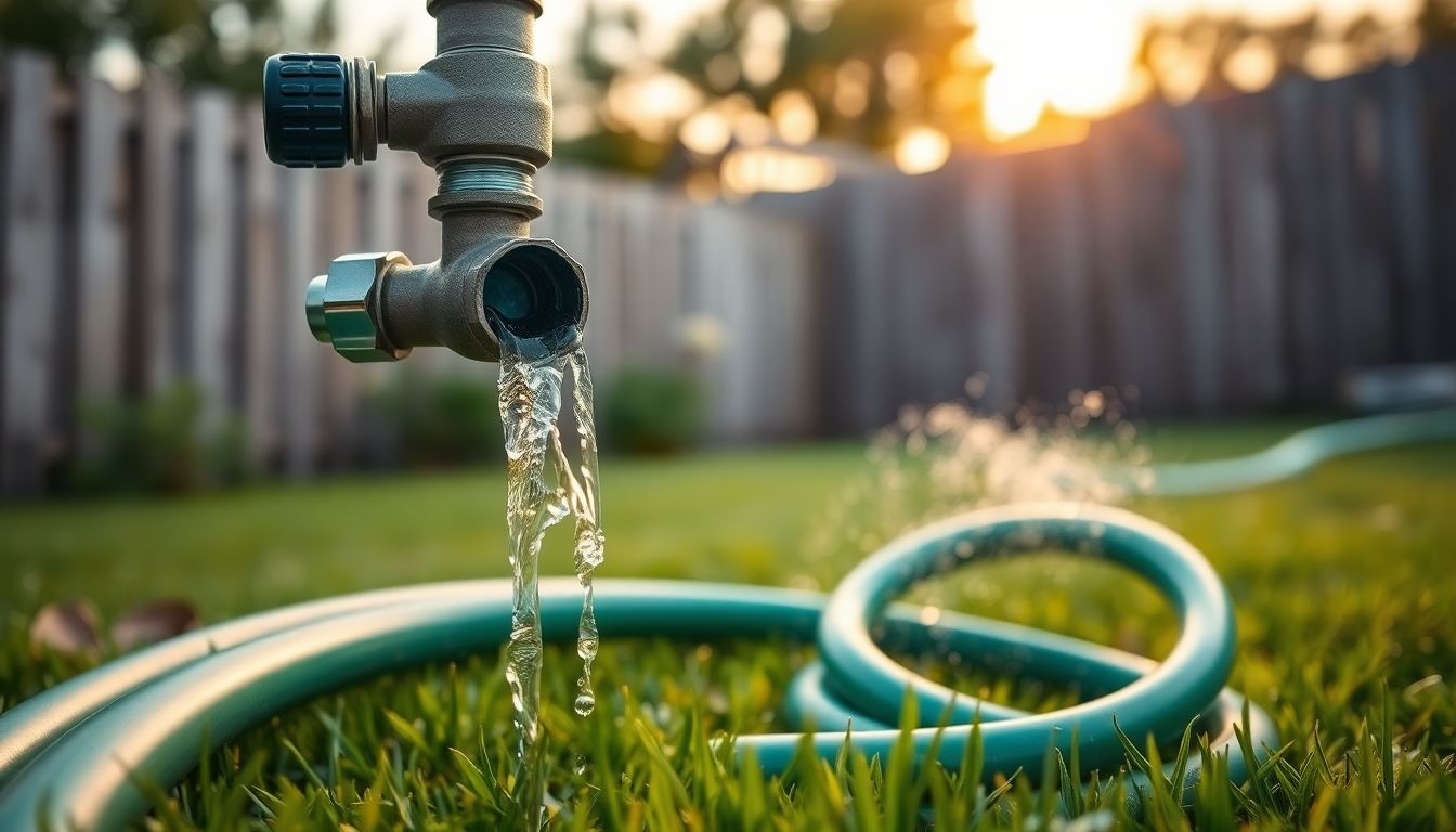 Wide shot of an outdoor hose bib during a Houston plumbing inspection and home plumbing check, with steady water flow from the faucet into a coiled green garden hose on grass, under golden hour sunlight with sharp focus on the water stream.