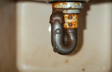 Close-up of a rusty metal pipe dripping water under a kitchen sink, illustrating a common plumbing issue that requires finding an emergency plumber in Houston for reliable service.