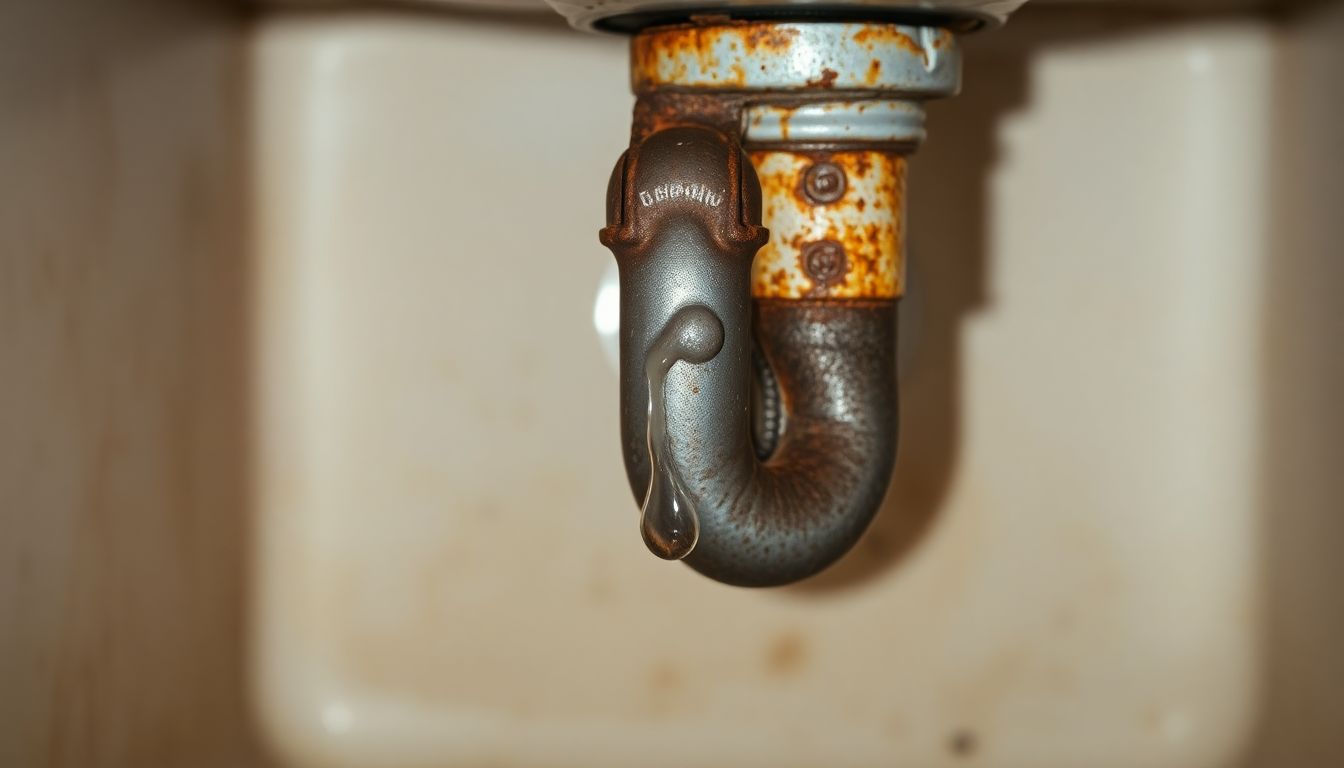 Close-up of a rusty metal pipe dripping water under a kitchen sink, illustrating a common plumbing issue that requires finding an emergency plumber in Houston for reliable service.