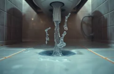 Wide shot of an overflowing bathroom sink with hot water spilling onto a tiled floor, steam creating haze under dramatic overhead lighting, illustrating the urgent need for an emergency plumber in Houston to handle such chaotic plumbing disasters.