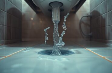 Wide shot of an overflowing bathroom sink with hot water spilling onto a tiled floor, steam creating haze under dramatic overhead lighting, illustrating the urgent need for an emergency plumber in Houston to handle such chaotic plumbing disasters.