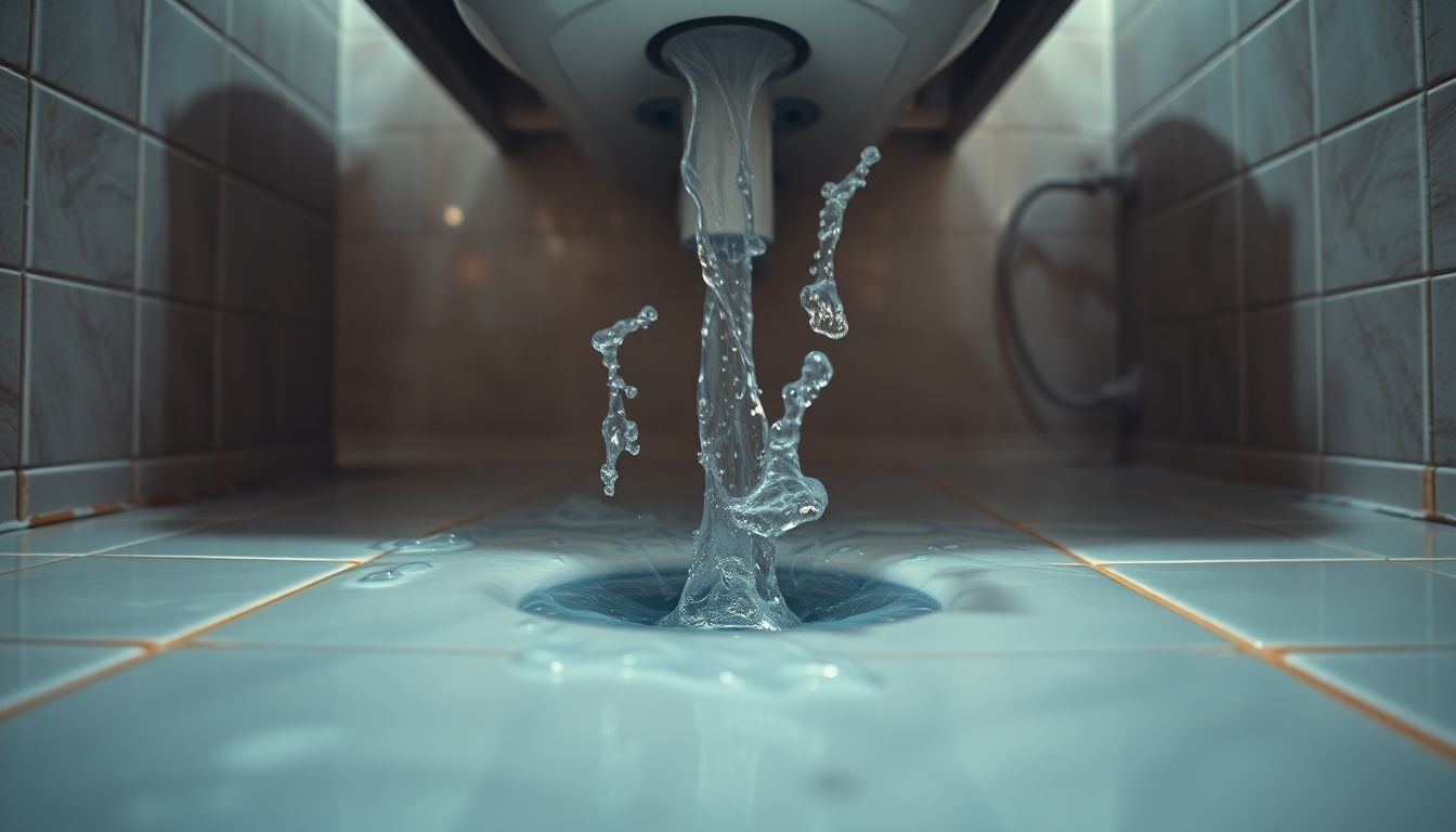 Wide shot of an overflowing bathroom sink with hot water spilling onto a tiled floor, steam creating haze under dramatic overhead lighting, illustrating the urgent need for an emergency plumber in Houston to handle such chaotic plumbing disasters.