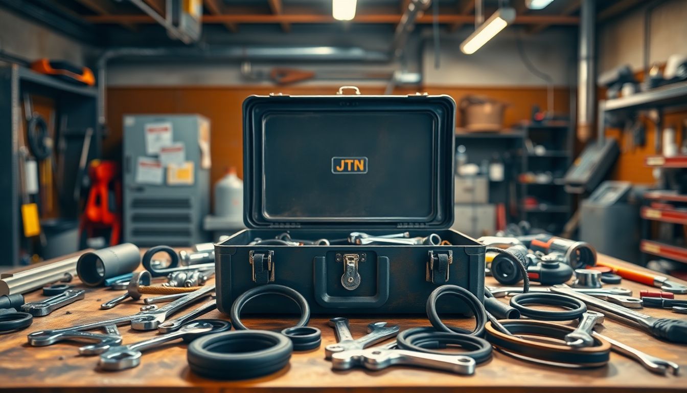 Wide shot of an open toolbox on a workbench in a garage setting, with wrenches, pipes, and seals scattered around, highlighting a plumbing emergency scenario for emergency plumber Houston providing 24/7 plumbing services, captured with warm overhead lighting and sharp focus on metal surfaces.
