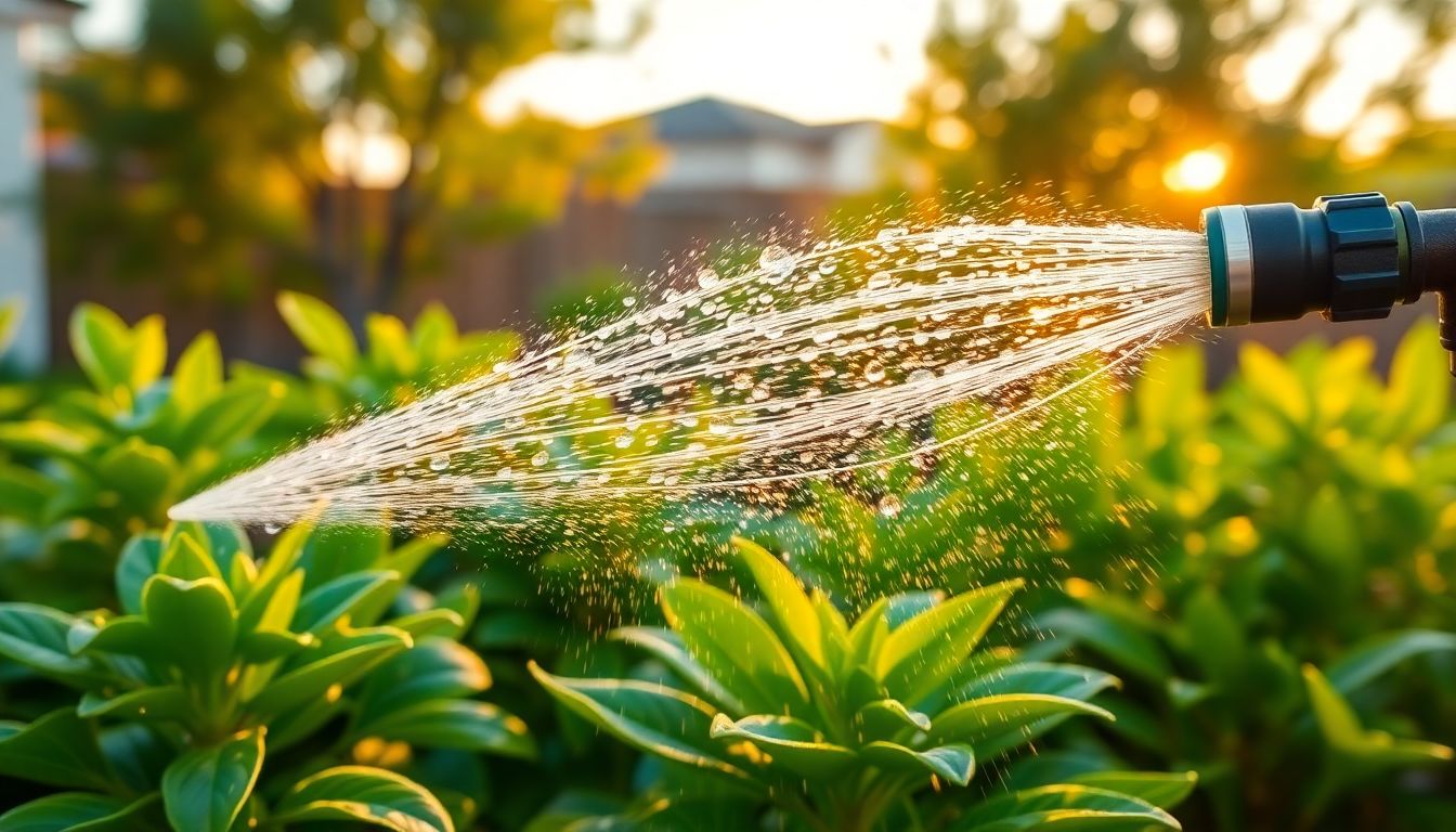 Expansive view of a lush suburban Houston backyard where a hose from a full house water filtration system spouts crystal-clear water onto vibrant green plants, golden hour sunlight casting long shadows and highlighting the mid-air water spray for a sense of refreshment and outdoor vitality.