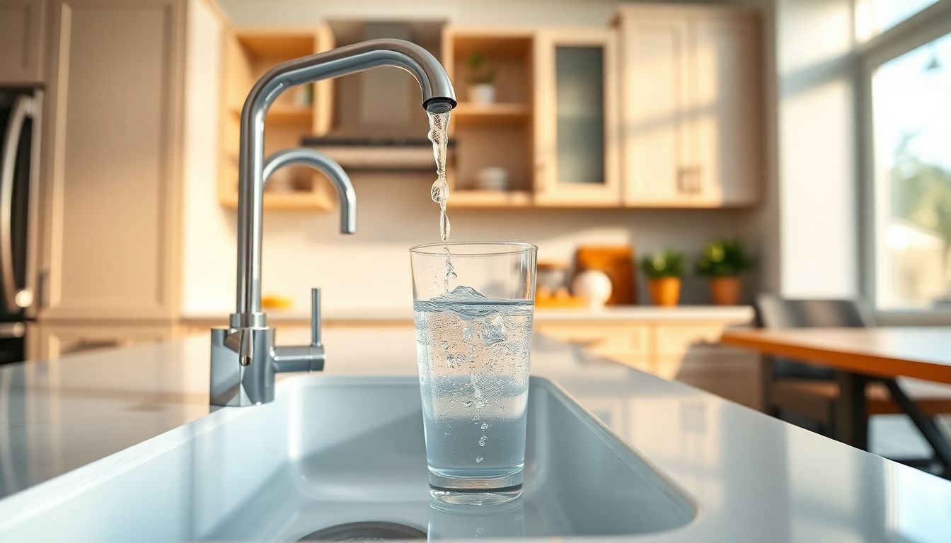 Sparkling clean kitchen sink in a modern Houston home, with crystal clear water flowing from the faucet into a glass, droplets glistening on stainless steel under morning sunlight, highlighting benefits of full house water filtration Houston and water filtration systems from Houston plumbing services.