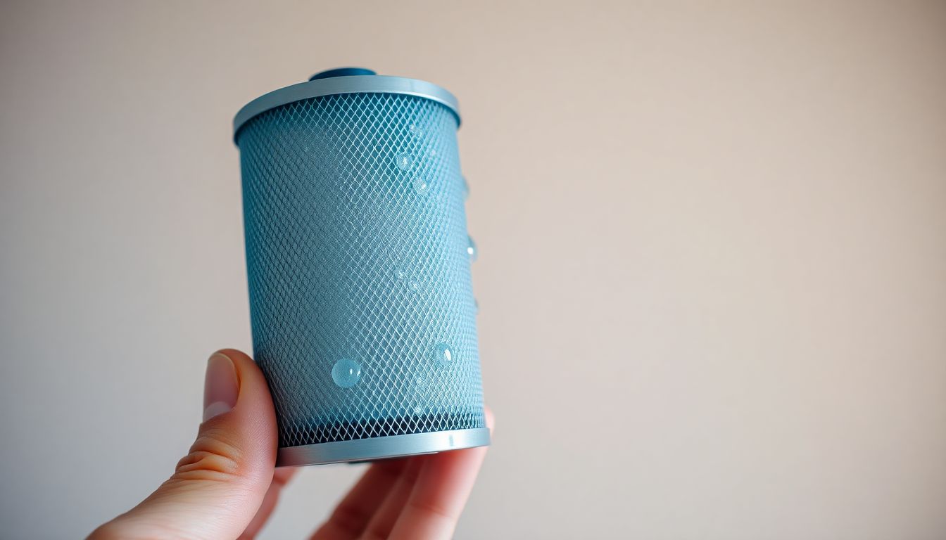 Close-up macro image of a water filter cartridge held against a neutral background, featuring glistening water droplets on the mesh surface, illustrating full house water filtration Houston and water filtration systems maintenance.