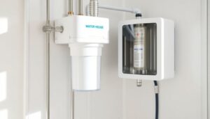 Close-up view of a modern full house water filtration system in a Houston utility room, with clear plastic pipes connecting to the main water line, captured in soft natural light for clarity and reliability.