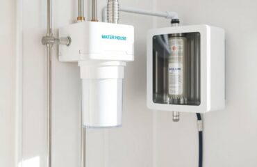 Close-up view of a modern full house water filtration system in a Houston utility room, with clear plastic pipes connecting to the main water line, captured in soft natural light for clarity and reliability.