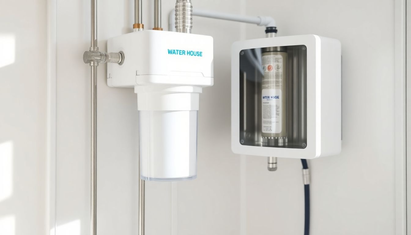 Close-up view of a modern full house water filtration system in a Houston utility room, with clear plastic pipes connecting to the main water line, captured in soft natural light for clarity and reliability.