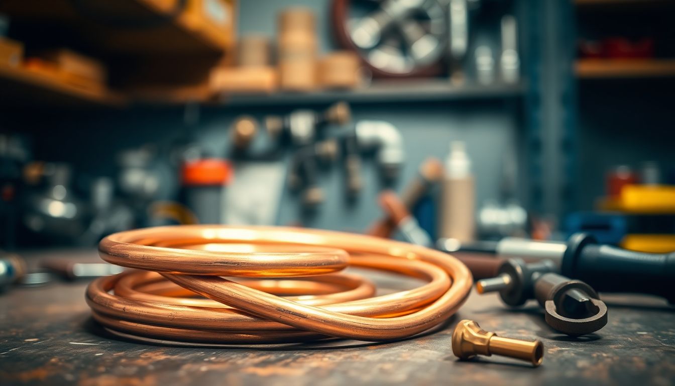 Medium shot of a coiled copper pipe section on a workshop bench with soldering tools nearby, under warm lighting highlighting metal textures, representing reliable plumbing repair for Houston emergency plumbing and same day plumbing service.