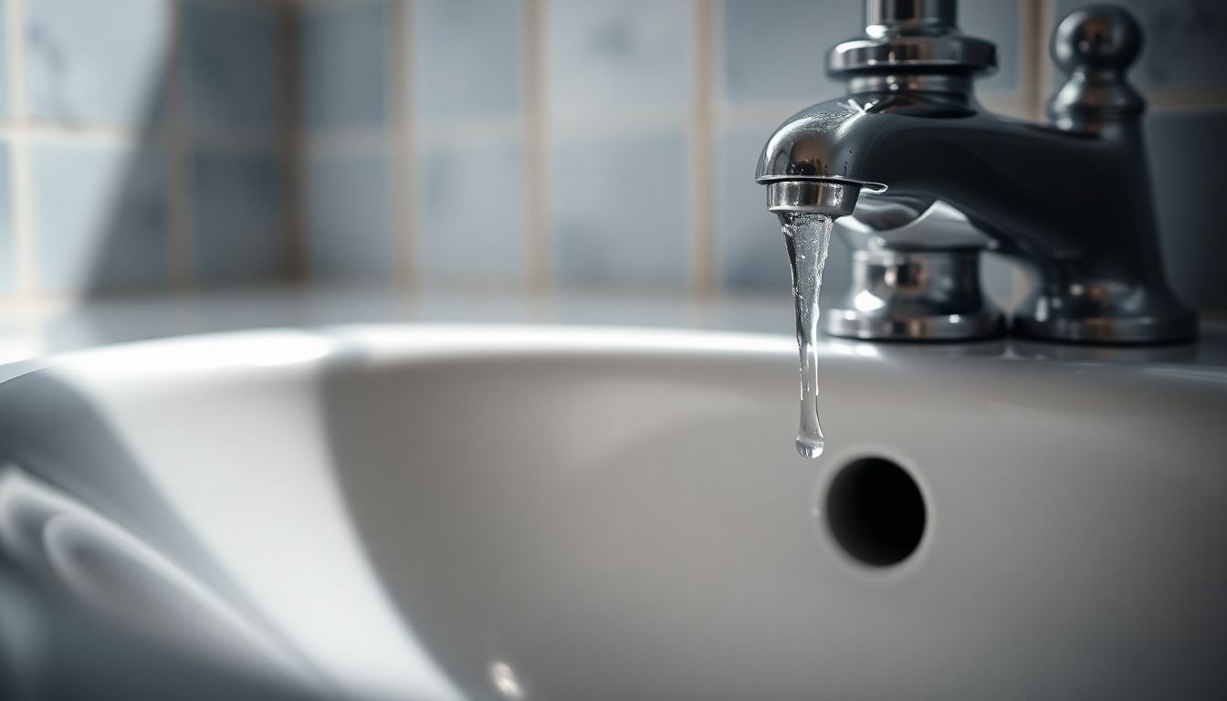 Close-up of a dripping faucet over a porcelain sink basin, with water droplets forming on the surface and subtle reflections from soft overhead light, against a tiled wall with faint steam; illustrating a common leak needing same day plumbing service, Houston emergency plumbing, or reliable plumbing repair.