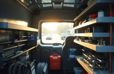 Wide interior view of a plumbing van equipped for same day plumbing service, with organized shelves holding pipes, wrenches, and leak detection tools, soft morning light filtering through the window onto a blurred Houston suburban street outside.