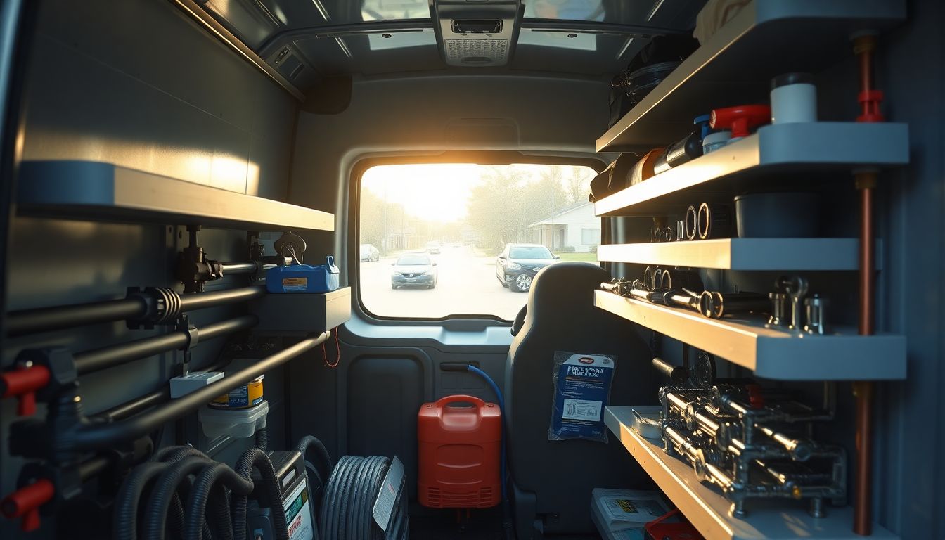 Wide interior view of a plumbing van equipped for same day plumbing service, with organized shelves holding pipes, wrenches, and leak detection tools, soft morning light filtering through the window onto a blurred Houston suburban street outside.