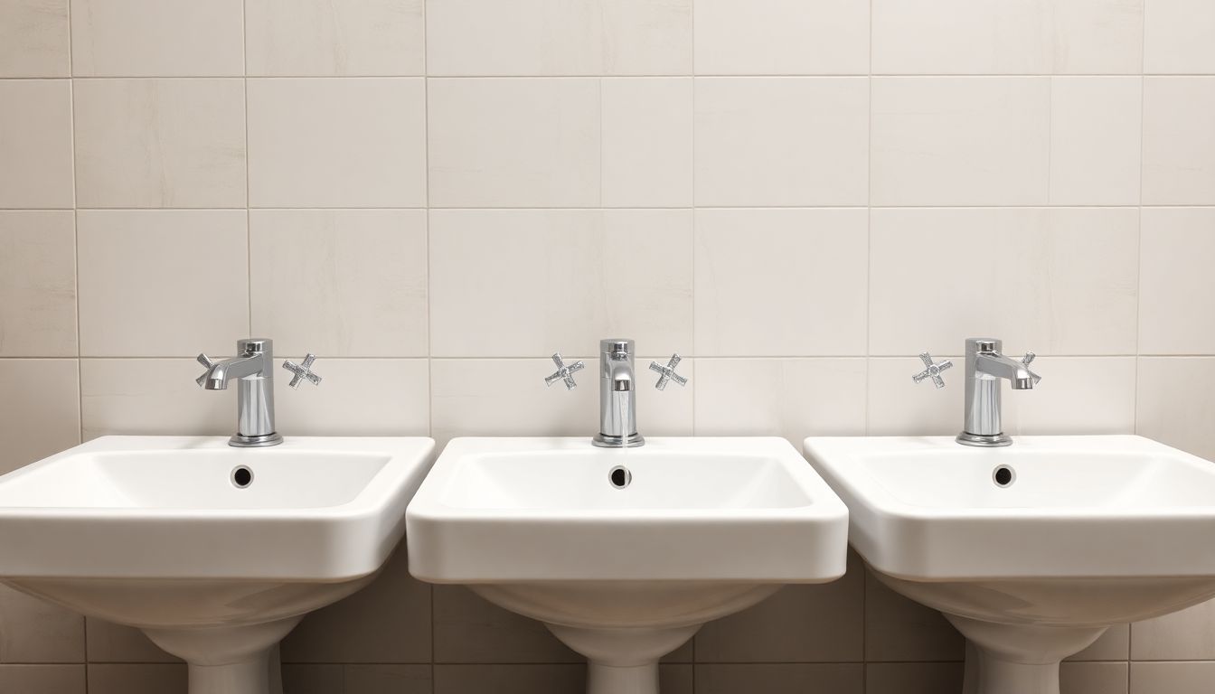 Abstract composition showing stacked white porcelain sinks in a row against a neutral tiled wall, with water flowing smoothly from faucets into drains, representing efficiency and cleanliness in plumbing maintenance plans and Houston plumbing services.