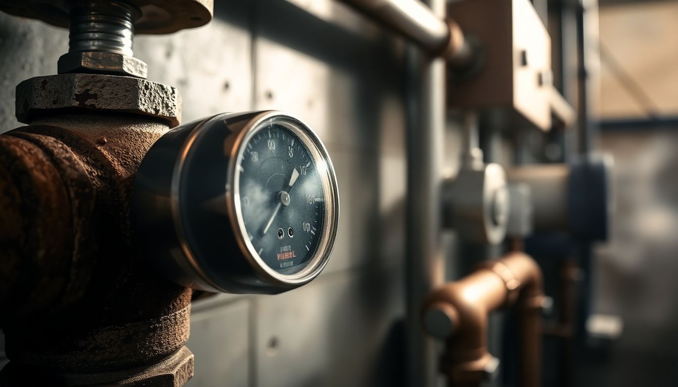 Tight shot of a pressure gauge on a plumbing valve displaying a steady reading, mounted on a rusty pipe in an industrial utility room with faint steam in the background, illustrating the reliability of a plumbing maintenance plan for Houston plumbing services.