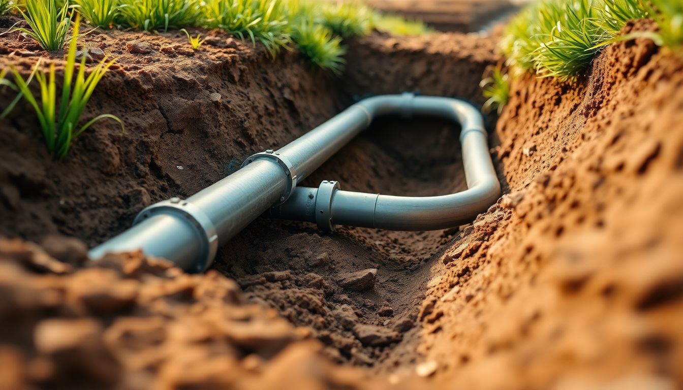 Wide shot of a durable underground pipe network exposed in a neatly dug trench with earthy soil and green grass edges, highlighting the structural integrity and benefits of a plumbing maintenance plan from Houston plumbing services.