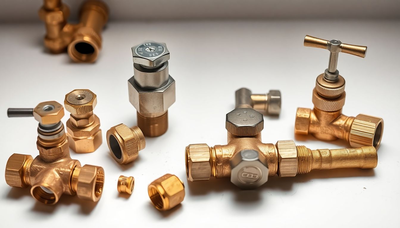 Detailed still life of assorted brass fittings, valves, and solder joints on a clean white surface, lit to highlight metallic sheen and precise craftsmanship, symbolizing real customer service and personalized plumbing support from human plumbers Houston.
