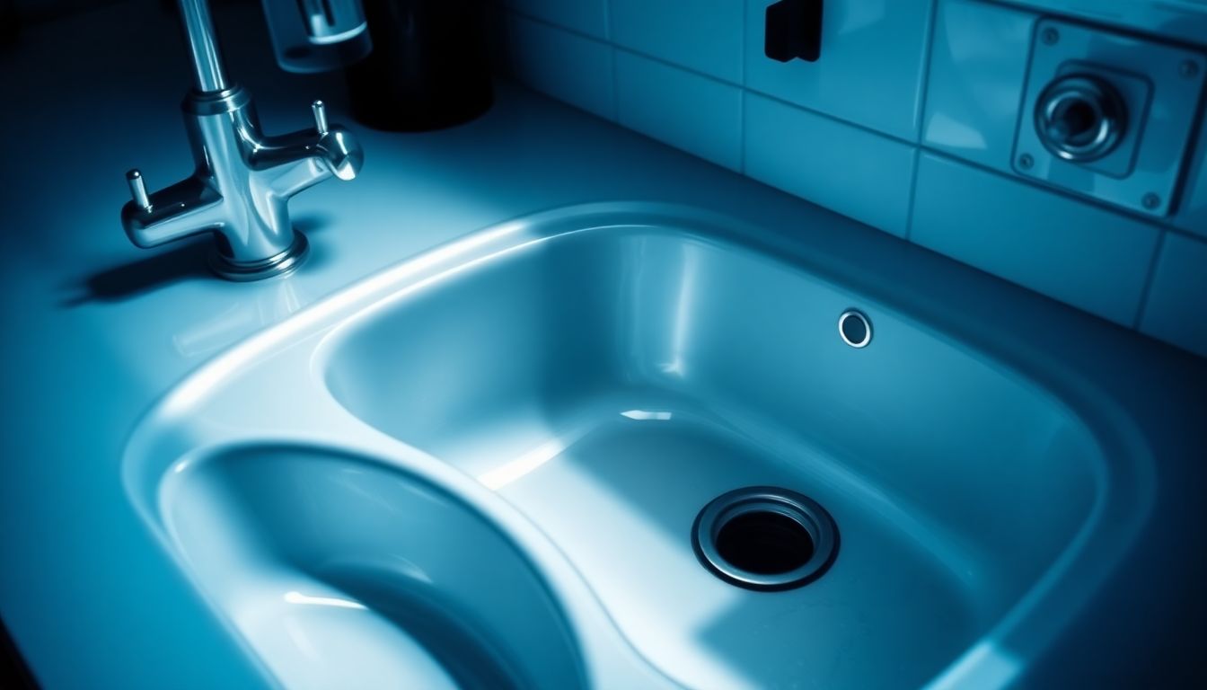 Wide shot of a modern kitchen sink featuring water droplets on the stainless steel faucet and porcelain basin, illuminated by dramatic overhead lighting to highlight reflections and convey freshness after repair by human plumbers in Houston providing real customer service and personalized plumbing support.