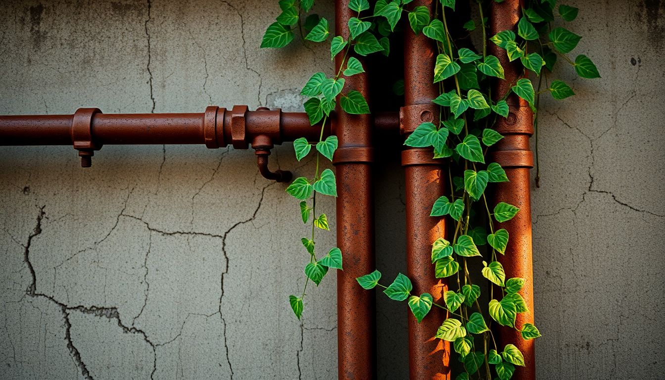 Abstract close-up of rusted iron pipes intertwined with green ivy leaves on a cracked concrete wall, symbolizing enduring urban plumbing systems and the reliable real customer service from human plumbers in Houston providing personalized plumbing support.