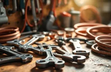 Close-up view of a wooden workbench cluttered with plumbing tools including wrenches, pipe cutters, and coiled copper piping, illuminated by soft natural light, representing real customer service from human plumbers in Houston providing personalized plumbing support.