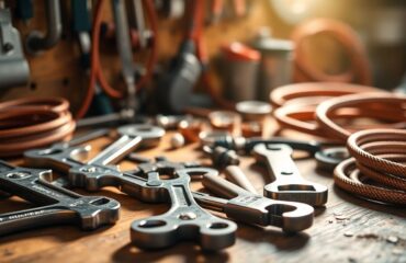 Close-up view of a wooden workbench cluttered with plumbing tools including wrenches, pipe cutters, and coiled copper piping, illuminated by soft natural light, representing real customer service from human plumbers in Houston providing personalized plumbing support.