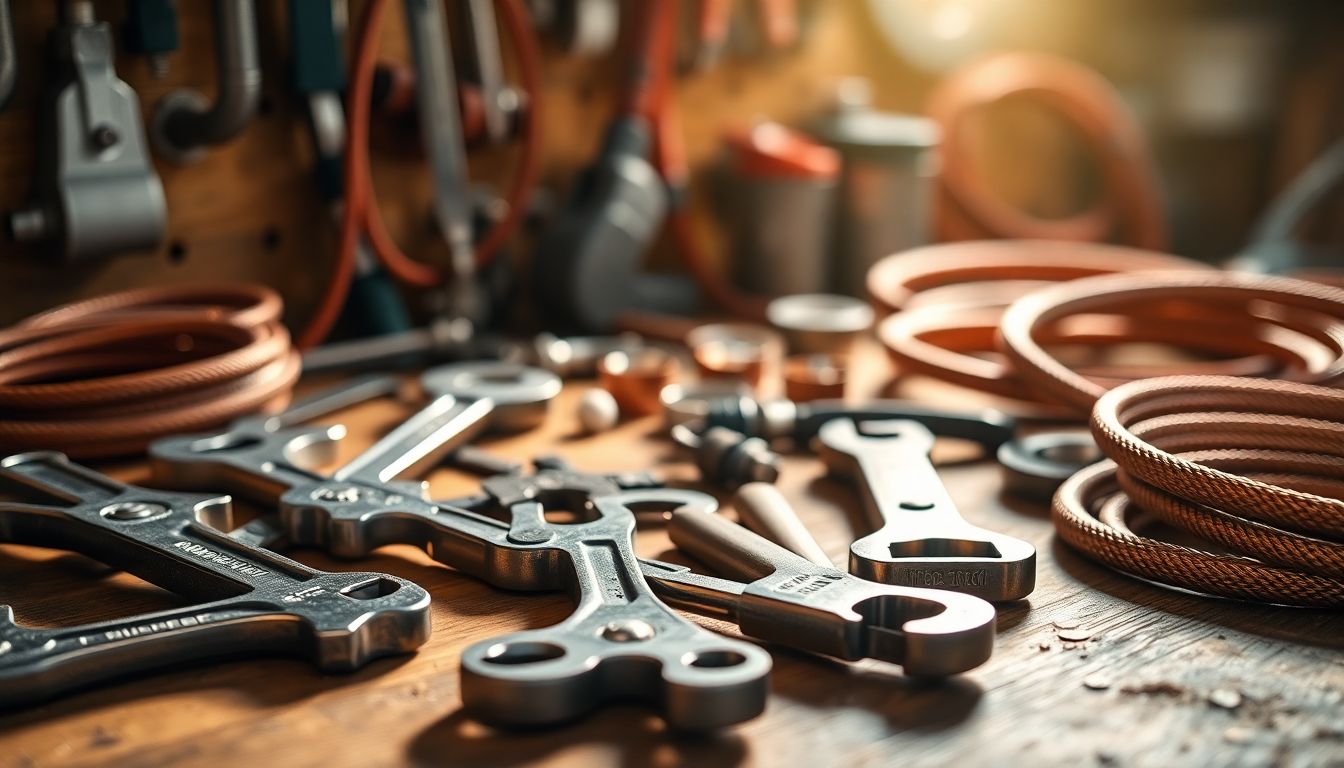 Close-up view of a wooden workbench cluttered with plumbing tools including wrenches, pipe cutters, and coiled copper piping, illuminated by soft natural light, representing real customer service from human plumbers in Houston providing personalized plumbing support.