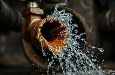 Close-up of a high-pressure hydrojet drain cleaning nozzle inserted into a clogged residential drain pipe in Houston, blasting away grease and debris with dynamic water splashes, captured in photorealistic style with soft lighting and wet surface reflections.