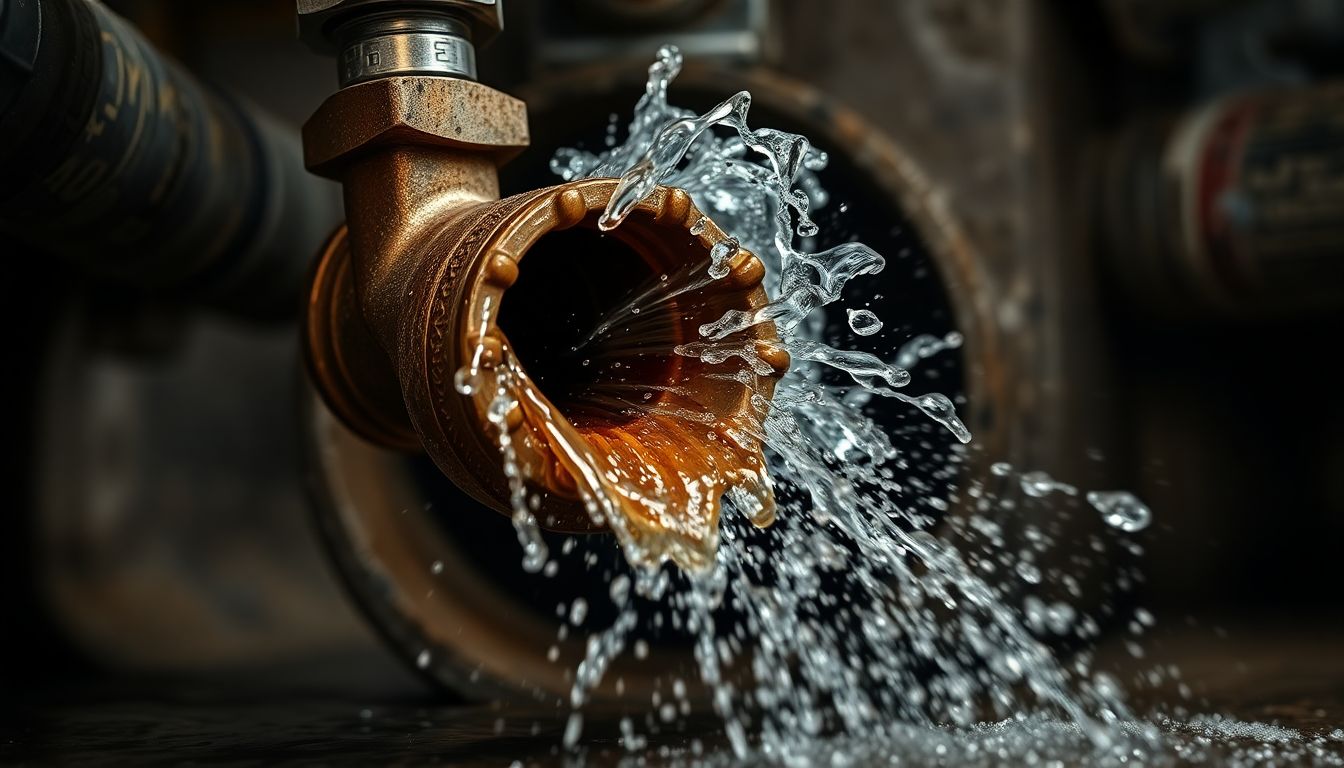 Close-up of a high-pressure hydrojet drain cleaning nozzle inserted into a clogged residential drain pipe in Houston, blasting away grease and debris with dynamic water splashes, captured in photorealistic style with soft lighting and wet surface reflections.