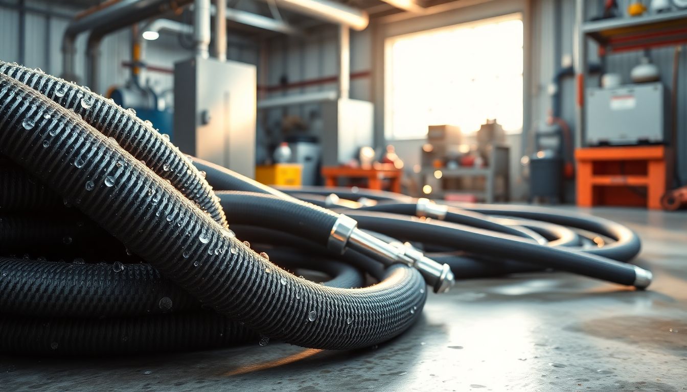 Coiled hydrojet hoses and nozzles with water droplets on a concrete floor in a plumbing service area, illuminated by warm sunlight, showcasing equipment for hydrojet drain cleaning and professional plumbing services in Houston to handle clogged drains.