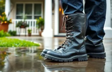 Close-up view of muddy plumber mud boots placed outside a front door on a concrete porch, with rain puddles reflecting nearby potted plants and a Houston-style suburban house in the soft-focus background, evoking caution and preparation for professional plumber Houston services.