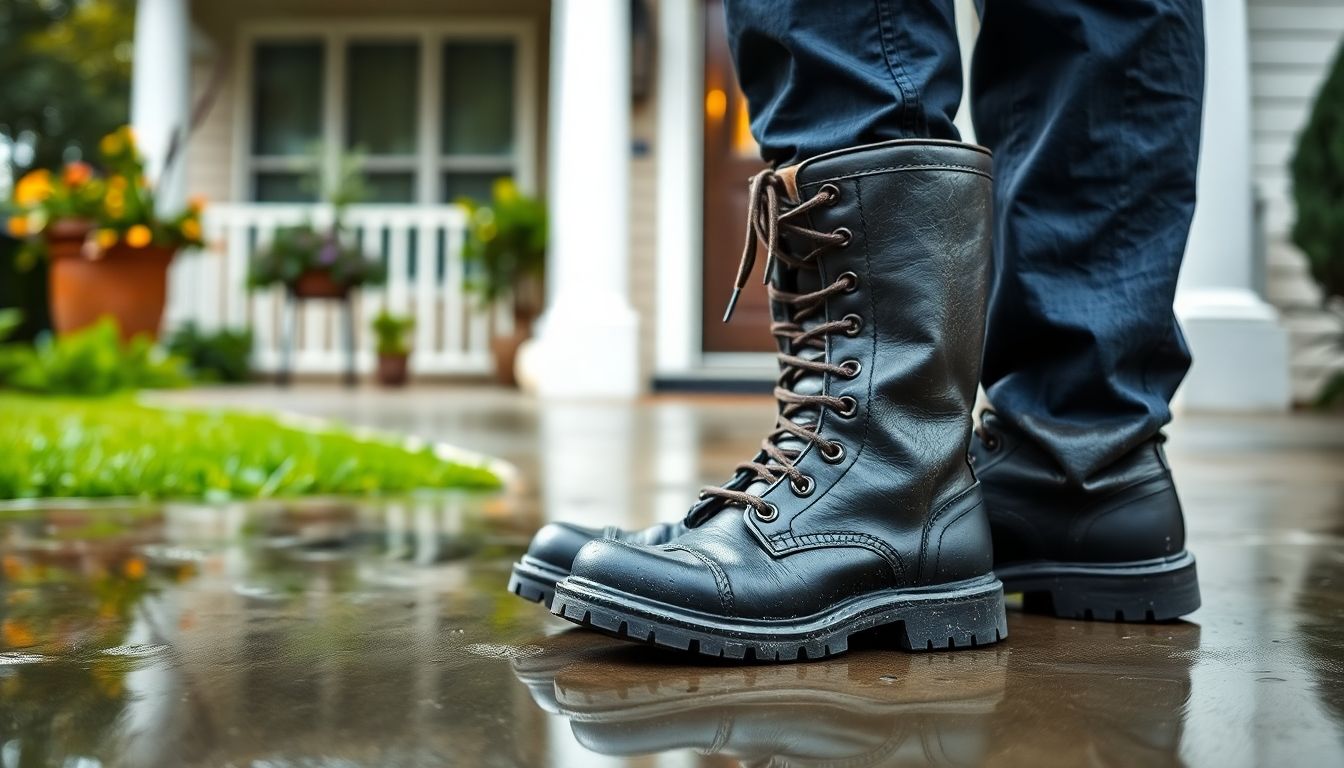 Close-up view of muddy plumber mud boots placed outside a front door on a concrete porch, with rain puddles reflecting nearby potted plants and a Houston-style suburban house in the soft-focus background, evoking caution and preparation for professional plumber Houston services.