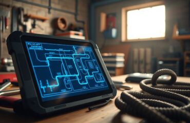 Close-up view of a rugged tablet displaying plumber tablet technology with a glowing blue digital plumbing schematic for diagnostics, placed on a wooden workbench cluttered with wrenches, pipe fittings, and a coiled hose in a dimly lit garage, highlighting smart plumbing services.