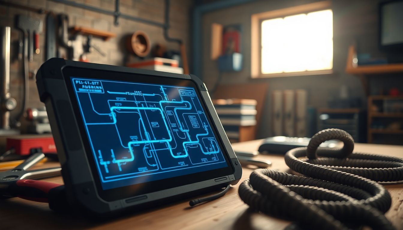 Close-up view of a rugged tablet displaying plumber tablet technology with a glowing blue digital plumbing schematic for diagnostics, placed on a wooden workbench cluttered with wrenches, pipe fittings, and a coiled hose in a dimly lit garage, highlighting smart plumbing services.