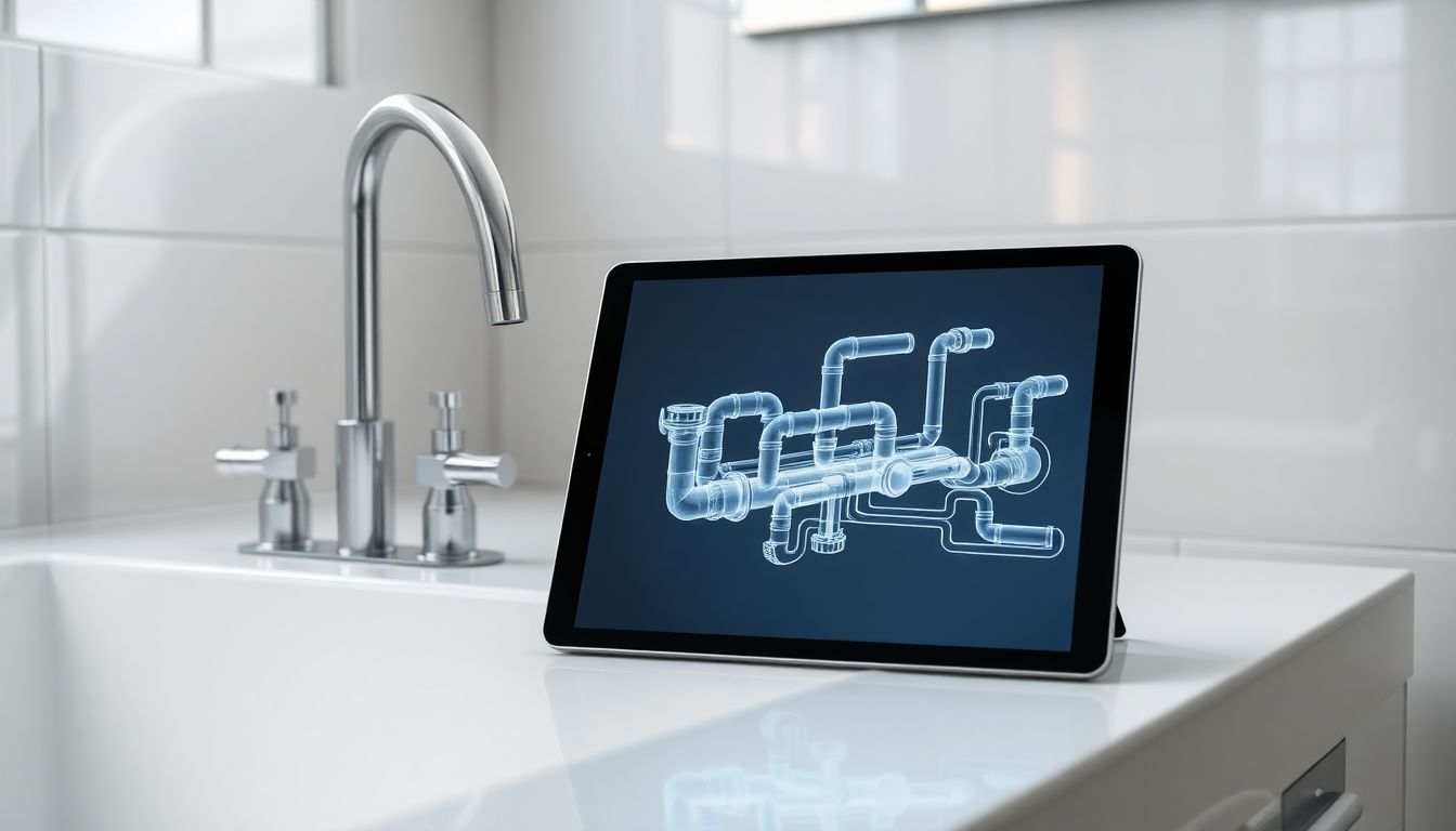 Wide-angle view of a digital tablet on a bathroom countertop showing wireframe pipe models for digital plumbing diagnostics, illustrating plumber tablet technology and smart plumbing services in a contemporary setting.