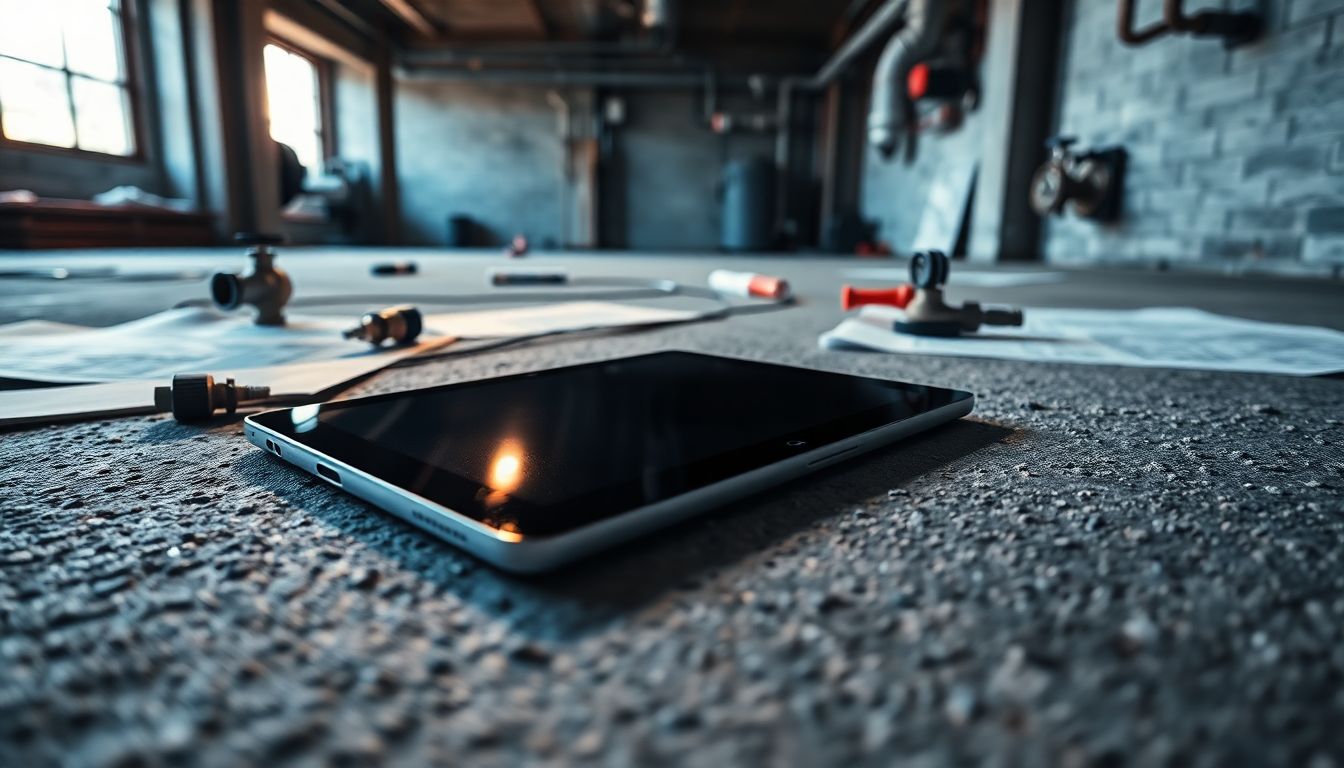 Low-angle view of a sleek tablet showcasing plumber tablet technology, surrounded by scattered plumbing blueprints, valves, and a pressure gauge on a concrete floor in an urban garage, illustrating smart plumbing services and digital plumbing diagnostics with dramatic evening light and shadows.