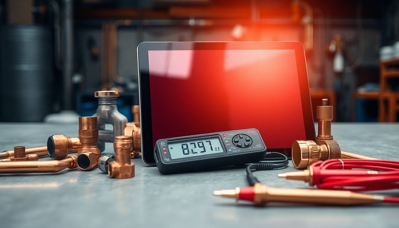 Abstract close-up of a tablet screen emitting a soft glow on copper pipes, fittings, and a digital multimeter arranged in a geometric pattern on a neutral gray workshop surface, illustrating plumber tablet technology and digital plumbing diagnostics for smart plumbing services.