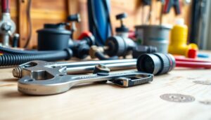 Close-up view of essential plumbing tools, including a wrench, pipe cutter, and flashlight, neatly arranged on a clean workbench in a garage, showcasing the setup that influences how long a plumber visit lasts and typical plumbing service time.