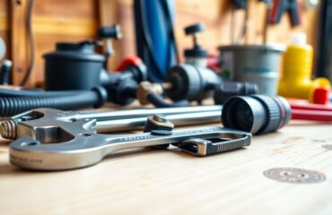 Close-up view of essential plumbing tools, including a wrench, pipe cutter, and flashlight, neatly arranged on a clean workbench in a garage, showcasing the setup that influences how long a plumber visit lasts and typical plumbing service time.