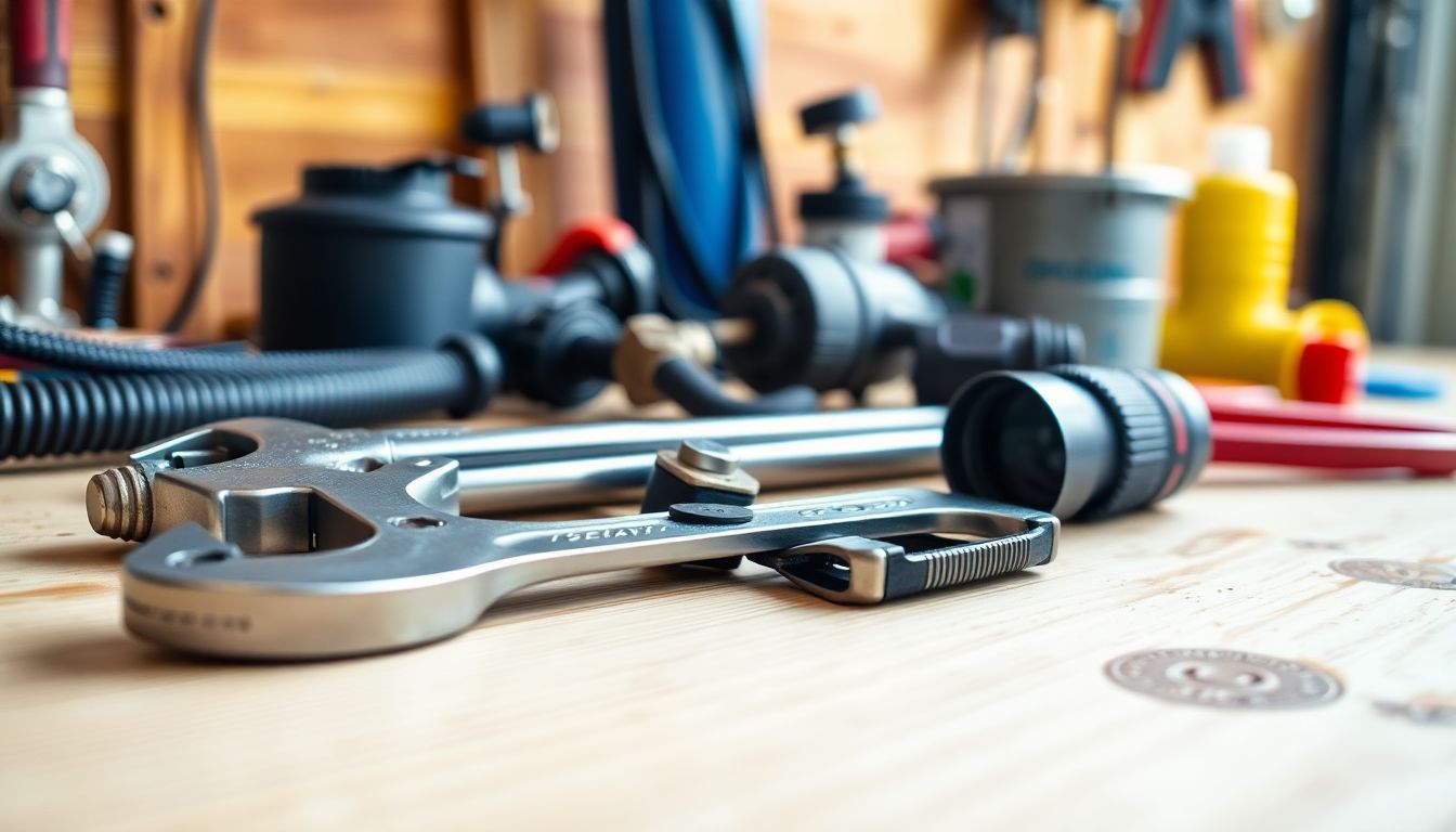 Close-up view of essential plumbing tools, including a wrench, pipe cutter, and flashlight, neatly arranged on a clean workbench in a garage, showcasing the setup that influences how long a plumber visit lasts and typical plumbing service time.
