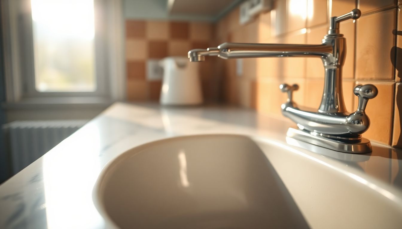 Wide shot of a residential kitchen sink featuring a subtle water drip from the faucet, captured in warm morning light with reflections on chrome fixtures, illustrating a common plumbing issue where understanding plumber visit duration and how long a plumbing service time lasts can help schedule repairs efficiently.