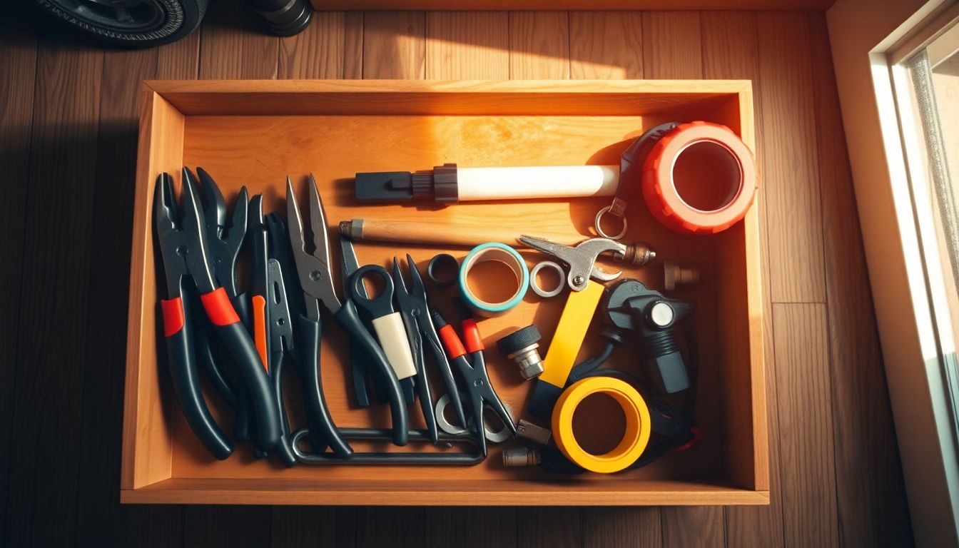 Overhead view of a neatly organized toolbox open on a wooden floor with assorted pliers, tape, and fittings slightly spilling out, representing tools used during a plumber visit where duration varies by plumbing service time.