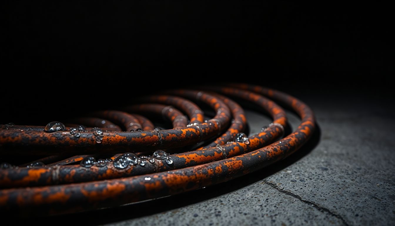 Macro shot of rusted copper pipes coiled on a concrete floor in a dimly lit utility room, with water droplets and dramatic shadows, representing common issues encountered during a plumber visit that can affect plumbing service time and duration.