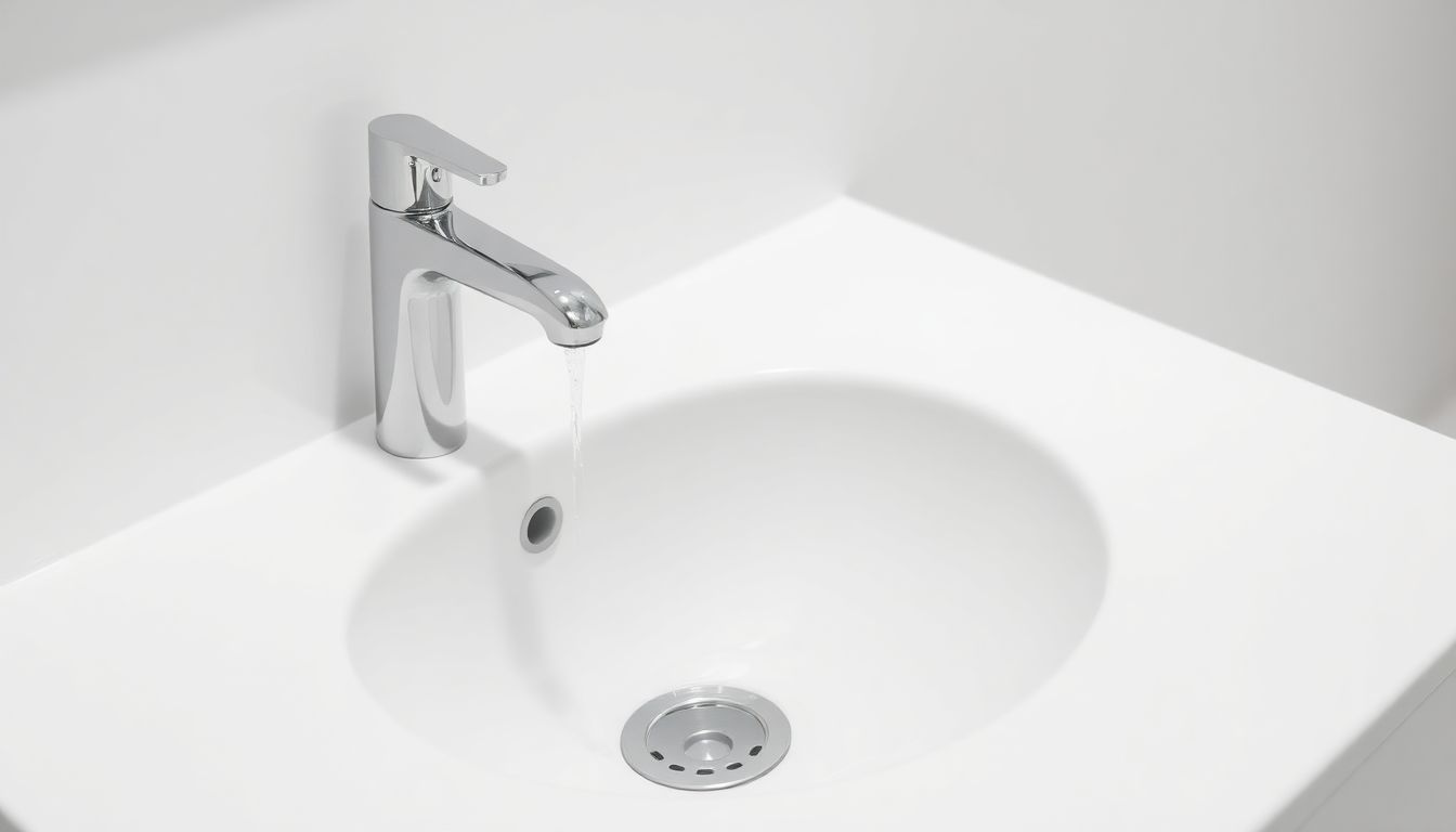 Abstract close-up of clean white porcelain sink featuring a sleek faucet, drain, and subtle water droplets under bright lighting, representing reliable solutions for plumbing emergency by emergency plumber Houston offering 24/7 plumbing services.