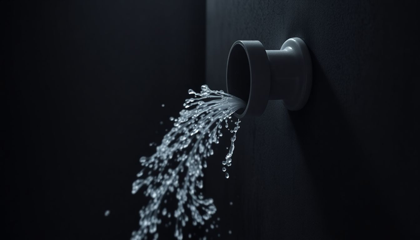 Close-up of a split PVC pipe in a utility room, water spraying out against a concrete wall, showcasing a plumbing emergency that demands an emergency plumber Houston for 24/7 plumbing services, with dramatic side lighting and photorealistic details.