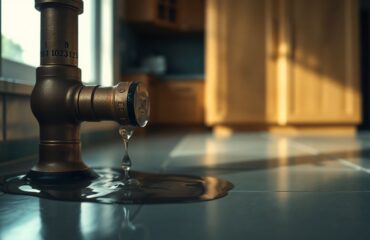 Close-up of a copper pipe with water droplets leaking onto a tiled kitchen floor in dim light, highlighting a plumbing emergency that calls for an emergency plumber in Houston offering 24/7 plumbing services.