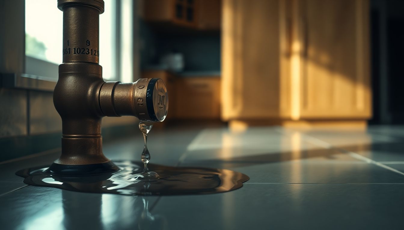 Close-up of a copper pipe with water droplets leaking onto a tiled kitchen floor in dim light, highlighting a plumbing emergency that calls for an emergency plumber in Houston offering 24/7 plumbing services.