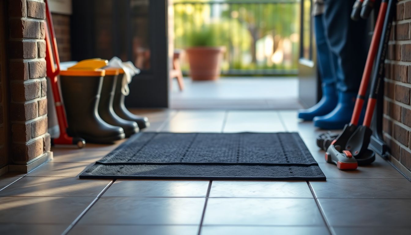 Wide shot of a clean entryway mat and shoe covers laid out on a tiled porch next to neatly arranged plumbing tools, ready for a professional plumber Houston service, with subtle greenery in the blurred background emphasizing organization and care for clean plumbing service Houston, including plumber mud boots protection.