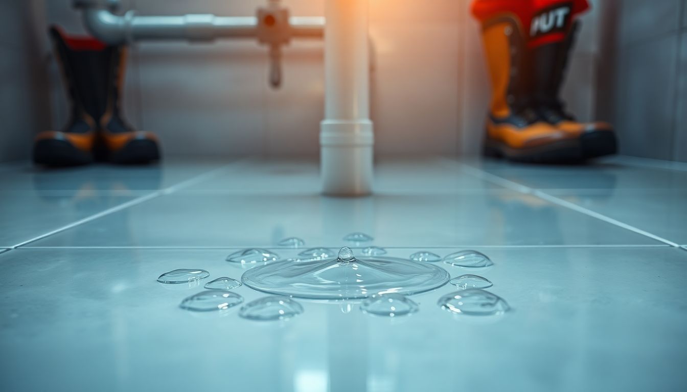 Abstract close-up of glistening water droplets on a clean tile floor near a plumbing pipe junction, with subtle reflections of plumber mud boots and tools in the background, capturing the mood of freshness from a professional plumber Houston clean plumbing service.