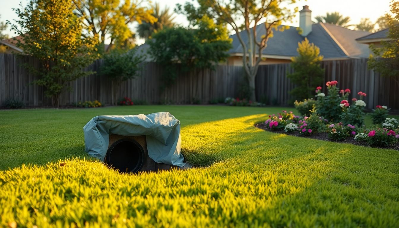 Serene view of a well-maintained suburban backyard in Houston, featuring a plumbing access point covered by a tarp amid soft grass and flower beds, evoking tranquility and the expertise of a professional plumber Houston providing clean plumbing service, captured in golden hour lighting with vibrant greens and earthy tones.